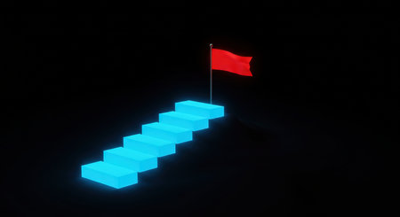A glowing staircase leading to a red flag against a dark backgroundの素材