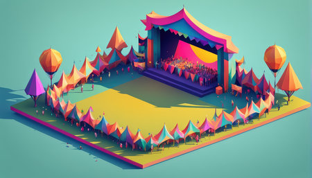 A colorful carnival with a stage performance and festival atmosphereの素材