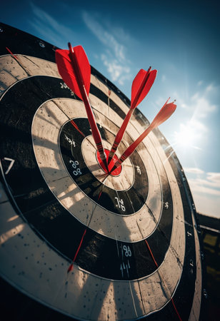 A dartboard with three red darts hitting the bullseye against a bright blue skyの素材