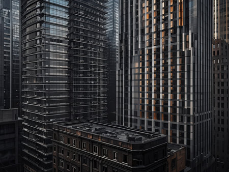 A modern cityscape with reflective skyscrapers during twilightの素材