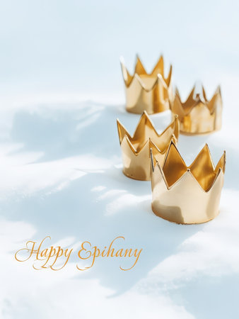Four golden crowns on a snowy surface with the text Happy Epiphany inscribed in elegant scriptの素材
