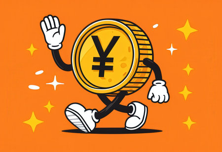 An animated gold yen coin with limbs walking confidently on an orange backgroundの素材
