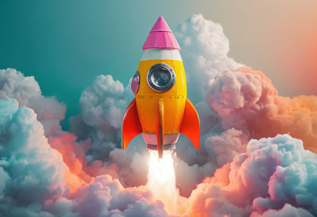 Rocket flying in sky. Mixed media. Mixed media. Mixed mediaの素材