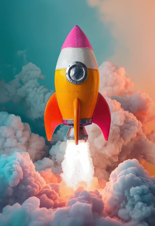 Rocket taking off into the sky. 3D illustration. Retro style.の素材