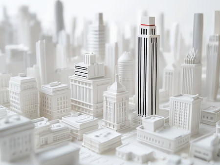 A detailed miniature model of a white cityscape with modern skyscrapersの素材