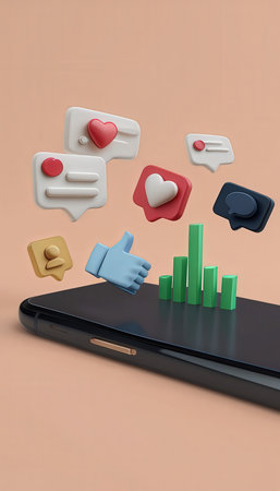 Social media interaction on a smartphone with various icons and analyticsの素材