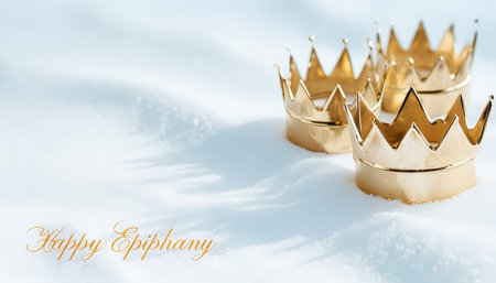 Golden crowns resting on a snowy surface with Happy Epiphany text overlayの素材