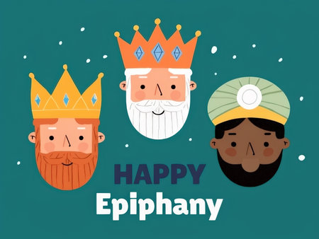 A cheerful Epiphany greeting with illustrated kings and symbolic crownsの素材