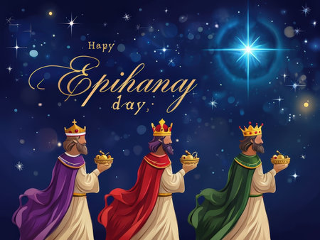 A digital illustration celebrating the Epiphany Day with three kings holding gifts under a starry skyの素材