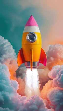 Rocket taking off into the sky. 3d illustration. Business conceptの素材