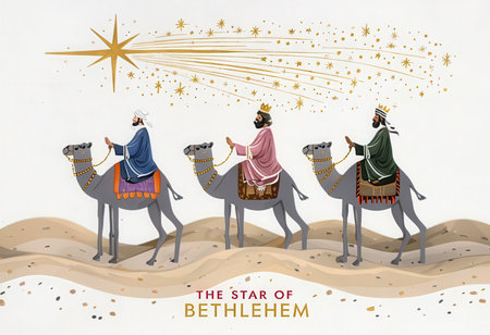 A festive scene depicting the Star of Bethlehem and three wise men on camels approaching a cityの素材