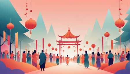 A festive scene depicting a traditional Asian celebration with lanterns and people in red clothingの素材