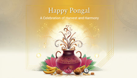 A festive Pongal celebration poster featuring a vase with riceの素材