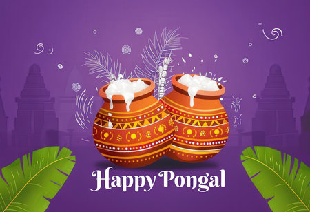 An animated illustration celebrating the Happy Pongal festival with traditional pots and festive elementsの素材