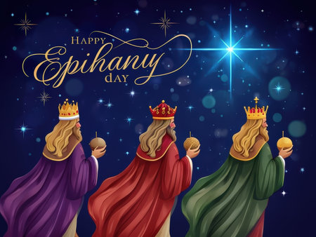 Three figures celebrating Epiphany Day under a starry night skyの素材