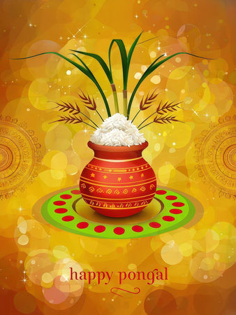 A festive depiction celebrating the South Indian harvest festival Pongal with symbolic elementsの素材