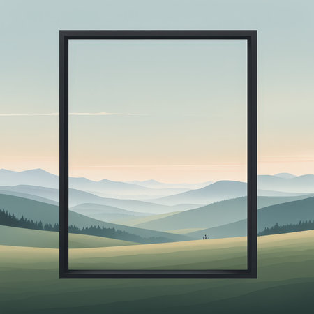 A tranquil landscape painting within a frame depicting rolling hills and distant mountains at dawnの素材