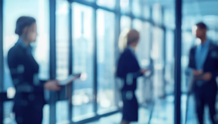 Business professionals in modern office space with large windows reflecting cityscapeの素材