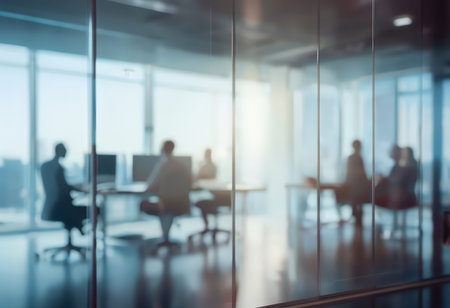 A blurred view through a glass office partition showing professionals at workの素材