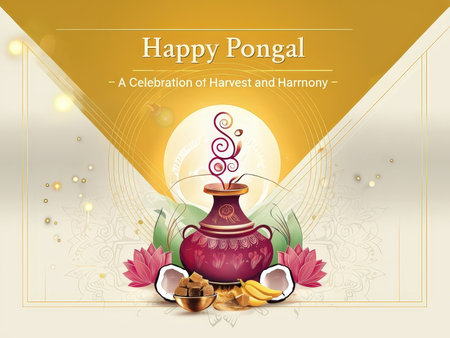 A festive celebration of Pongal with traditional symbols and items representing harmonyの素材