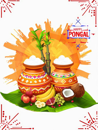A festive depiction celebrating the Pongal festival with traditional symbols and vibrant colorsの素材