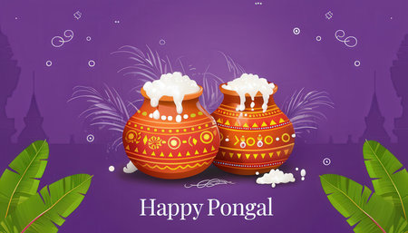 Digital illustration celebrating the Happy Pongal festival with traditional pots and decorationsの素材