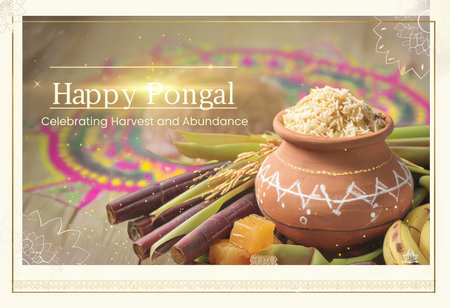 An image celebrating Happy Pongal with symbols of harvest and abundanceの素材