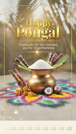 A festive Pongal celebration with golden hues and traditional symbolsの素材