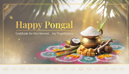 A festive Pongal celebration with traditional symbols representing gratitude for harvest and joyous togethernessの素材