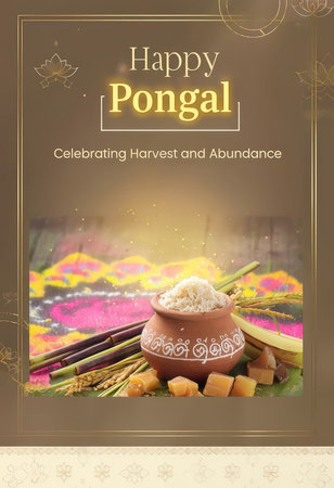A festive poster celebrating Pongal with rice and traditional itemsの素材