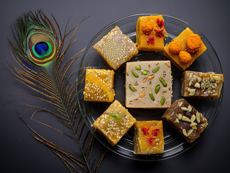 A colorful array of traditional Indian sweets displayed with decorative peacock feather on a dark backgroundの素材