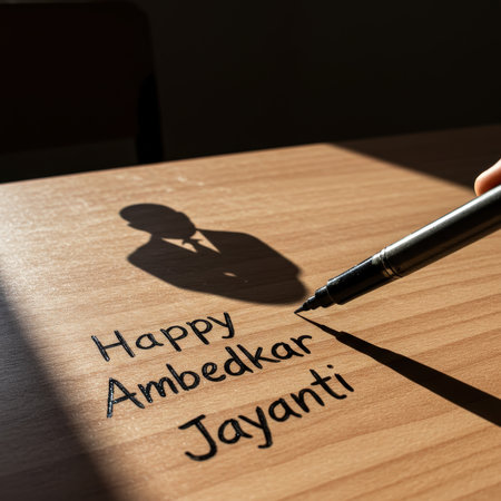 A pen casts a shadow of a figure while writing Happy Ambedkar Jayanti on wood The mood is reflective and respectfulの素材