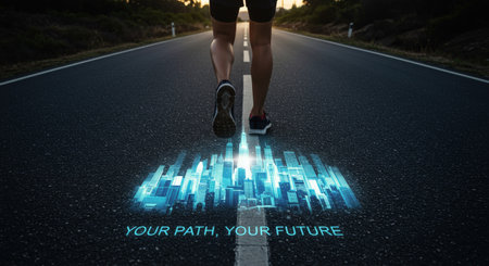 A woman embarks on her personal growth path while looking forward to the possibilities of the futureの素材