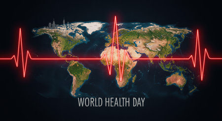 A global health awareness graphic for World Health Day featuring a heartbeat line tracing world regionsの素材