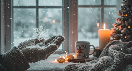 Cozy winter scene with snowflakes and holiday decorations near a windowの素材