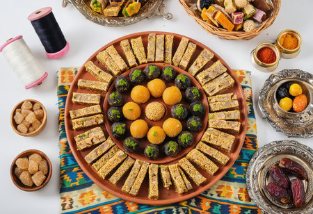 A colorful display of traditional Indian sweet treats and snacks for a festive occasionの素材