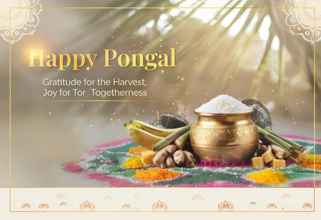 A festive celebration honoring the harvest with traditional symbols and a message of gratitude for togethernessの素材