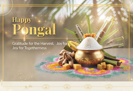 A festive display for the Happy Pongal celebration with rice and yellow brick decorationsの素材