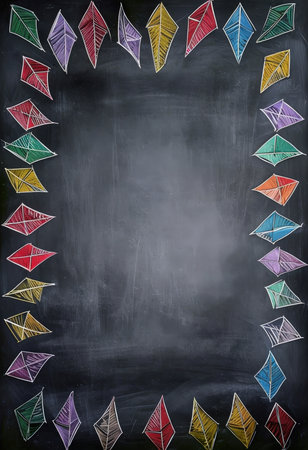 A collection of colorful origami kites on a blackboard backgroundの素材