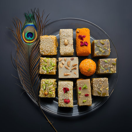 A collection of colorful sweet treats on a plate with peacock feathers as decorationの素材