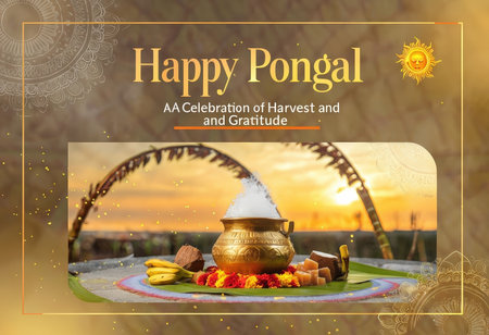 Promotional graphic celebrating Happy Pongal with a festive setup and traditional itemsの素材