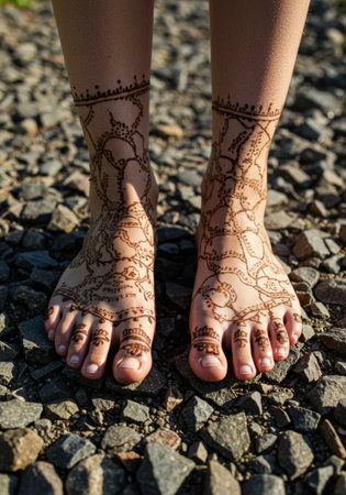 Feet adorned with intricate henna designs against a rugged cliffside backdropの素材