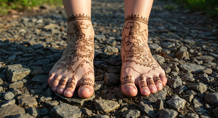 Feet adorned with intricate henna designs along a rugged trail, capturing traditional beauty and cultural heritageの素材