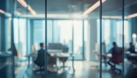 A modern office space with employees working in the background through a glass partitionの素材