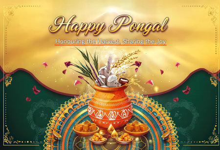 A festive illustration celebrating the Happy Pongal festival with a focus on traditional elements and joyful moodの素材