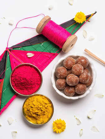 A colorful stilllife composition celebrating the Holi festival with traditional items and confectionsの素材