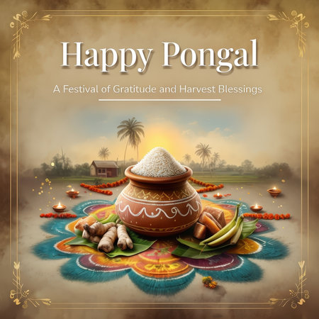 A festive depiction celebrating the Happy Pongal festival with traditional elements and a rural backdropの素材