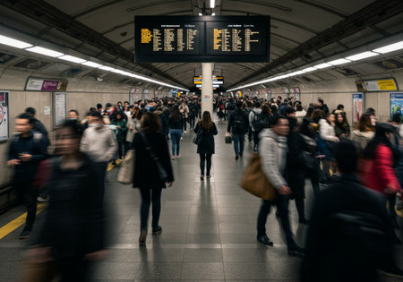 A bustling London train station platform captures the energy of commuters moving about under an overhead electronic screen displaying train schedules and signage indicating variousの素材