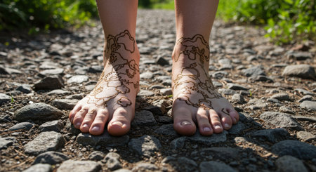 Barefoot artists in a vibrant outdoor setting create stunning henna patterns on their feet, capturing the essence of cultural traditionsの素材