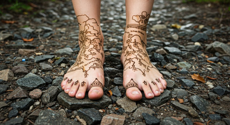 A foot adorned in exquisite henna patterns against a rugged rock backdropの素材